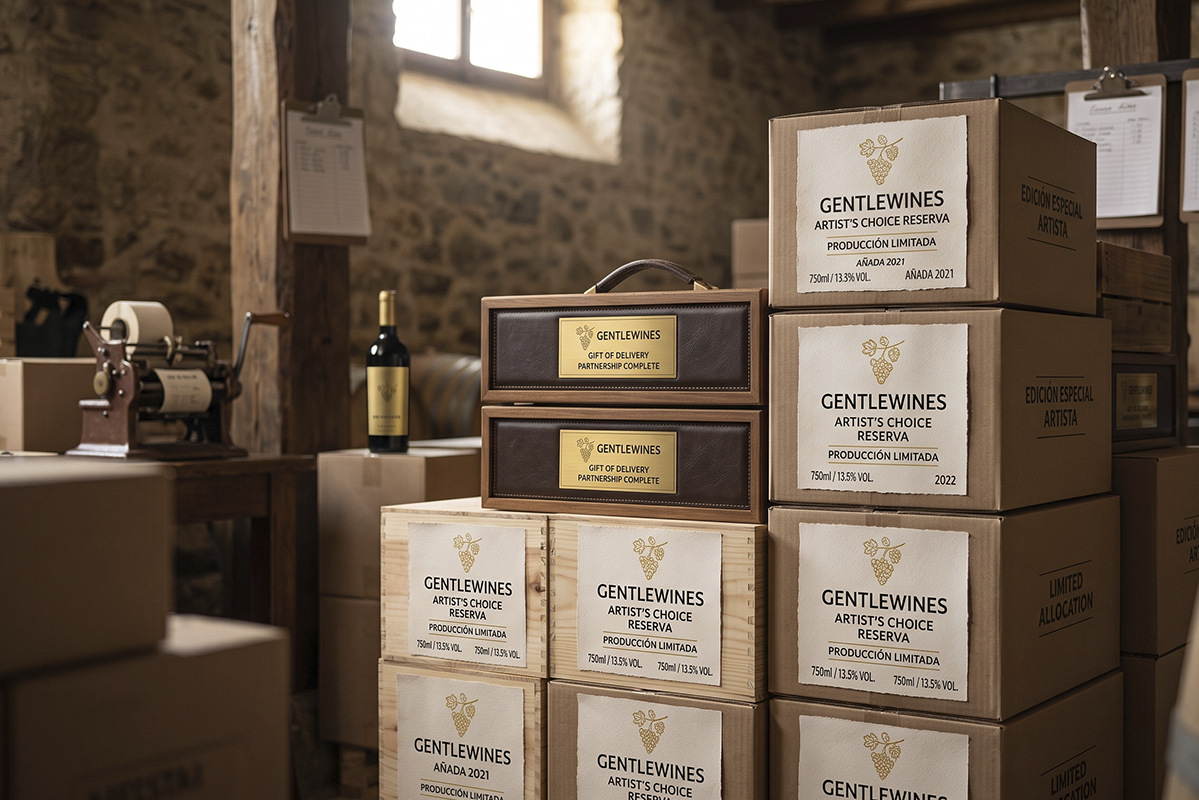 Cajas de vino en bodega listas para envío — producción financiada por preventa