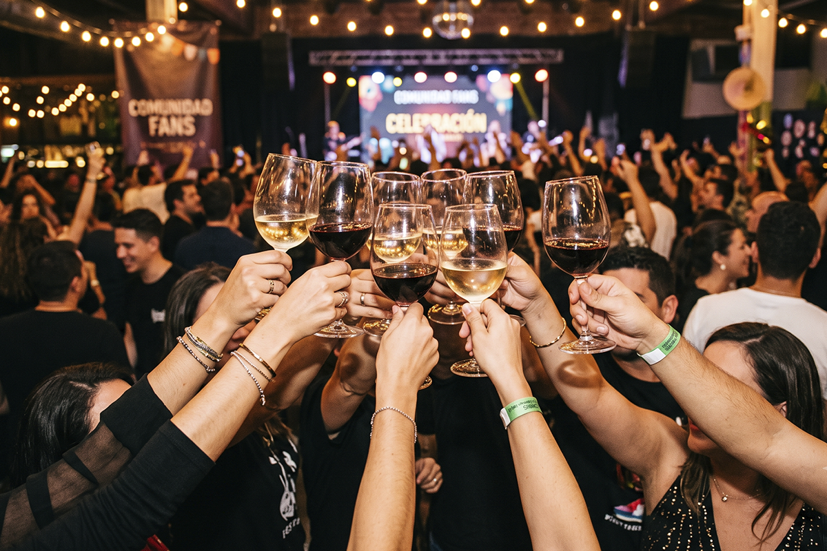 Fans brindando con copas de vino — comunidad y celebración